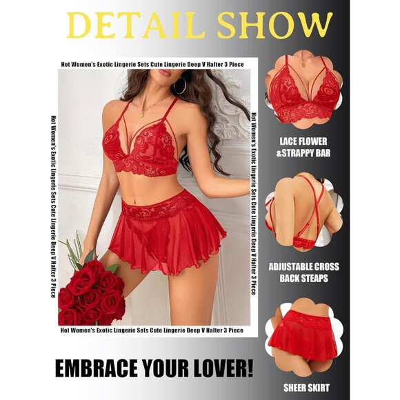 Sexy Lingerie for Women 3 Piece Lace Bra Panty Set Strappy Lingerie with Skirt - Picture 3 of 6